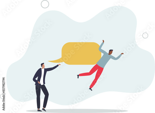 bossy aggressive businessman shout with speech bubble to hurt coworker or colleague.flat vector illustration.