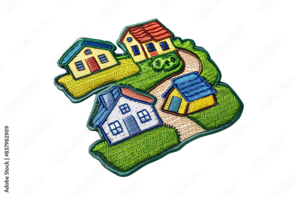 Fototapeta premium Colorful embroidered patch depicting a small village with houses, green lawns, and a winding path, ideal for DIY crafts.