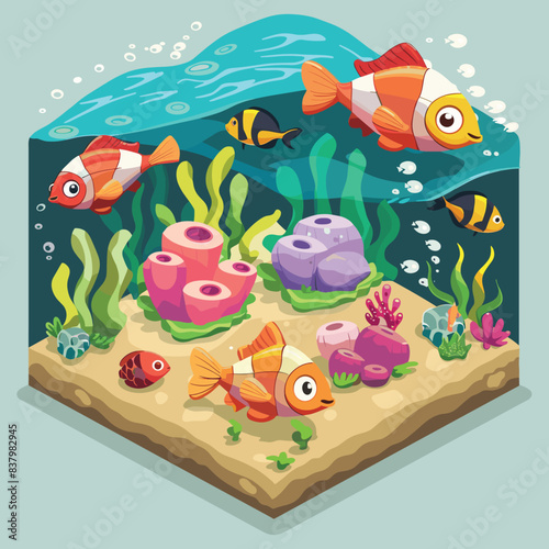 Colorful tropical fish swimming among coral reef underwater scene. Cartoon fish, corals, algae create vibrant underwater landscape. Isometric view aqua environment bubble details