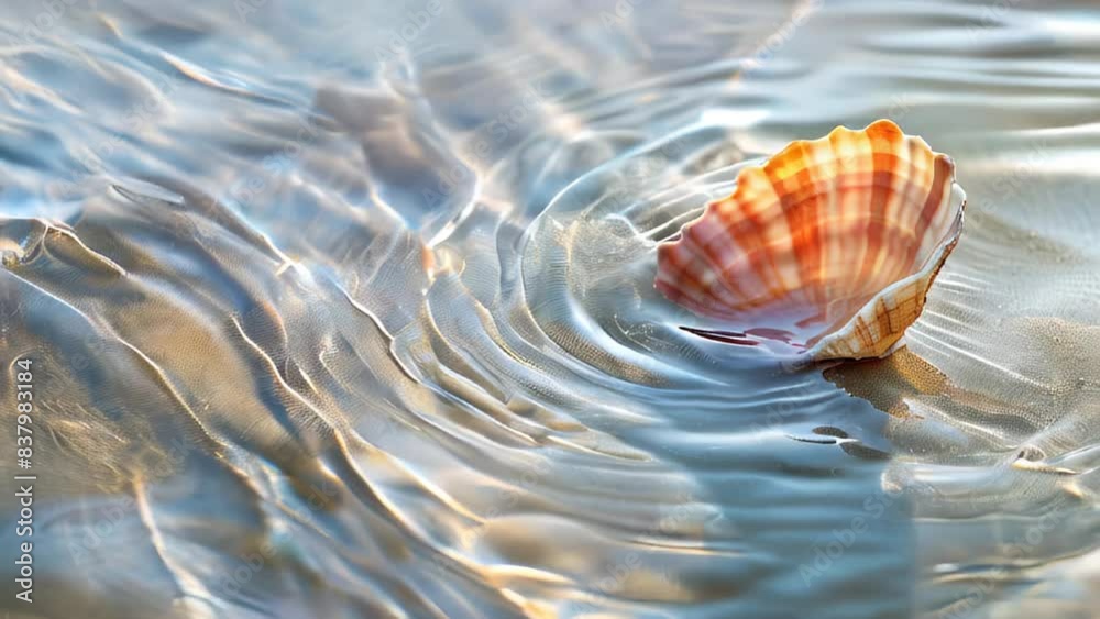 Colorful seashell lies in shimmering, rippling water by shore