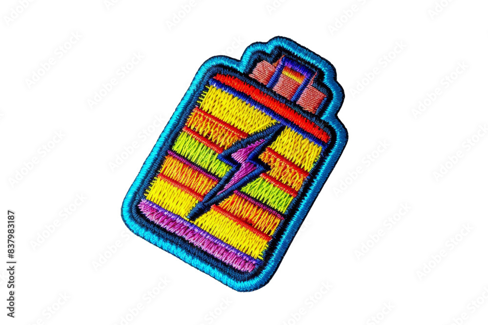 Colorful embroidered patch of a battery with lightning bolt design on a black background, perfect for clothing decoration or accessories embellishment. Colorful embroidered patch of a battery with lightning bolt design on a black background, perfect for clothing decoration or accessories embellishment.