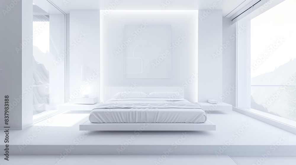 Fototapeta premium Modern minimalist bedroom with white decor, natural light, and sleek design, creating a bright and serene space
