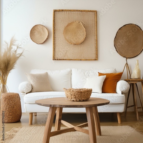  Firefly Rustic coffee table and wicker basket near white sofa against wall with art frame in a beautiful living room . photo