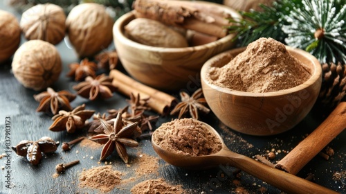 Nutmeg, cinnamon, and other holiday spices for baking, Christmas