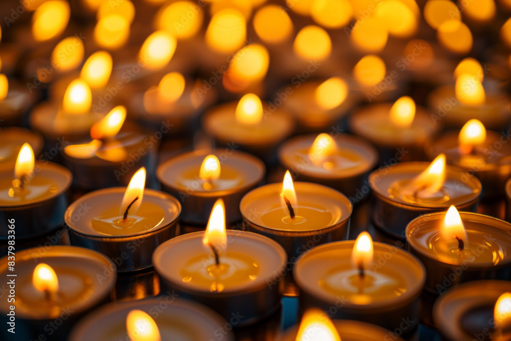 A crowded arrangement of lit tea light candles in small holders, filling the entire frame. The candles emit a warm, golden glow, creating a cozy and inviting background A crowded arrangement of lit tea light candles in small holders, filling the entire frame. The candles emit a warm, golden glow, creating a cozy and inviting background