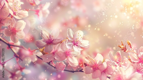Horizontal banner featuring blooming sakura pink petals illuminated by sunlight
