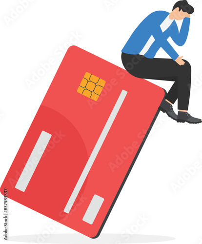 Credit card debt vector concept. Man sitting on a credit card in depression. Loss of money, wealth, flat vector illustration

