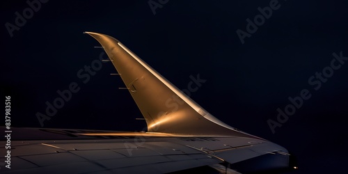 Close-up of an airplane's tail fin, focused, no people, eerie night ambiance -- photo