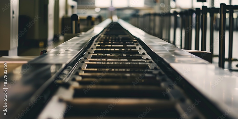 Fototapeta premium Close-up of a check-in conveyor belt, focused, deserted, muted midday tones 