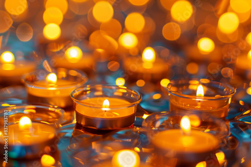 A crowded arrangement of lit tea light candles in small holders, filling the entire frame. The candles emit a warm, golden glow, creating a cozy and inviting background 