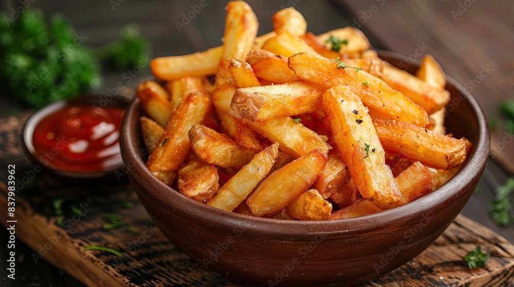 Crispy golden french fries in a wooden bowl with ketchup on rustic wooden table Crispy golden french fries in a wooden bowl with ketchup on rustic wooden table