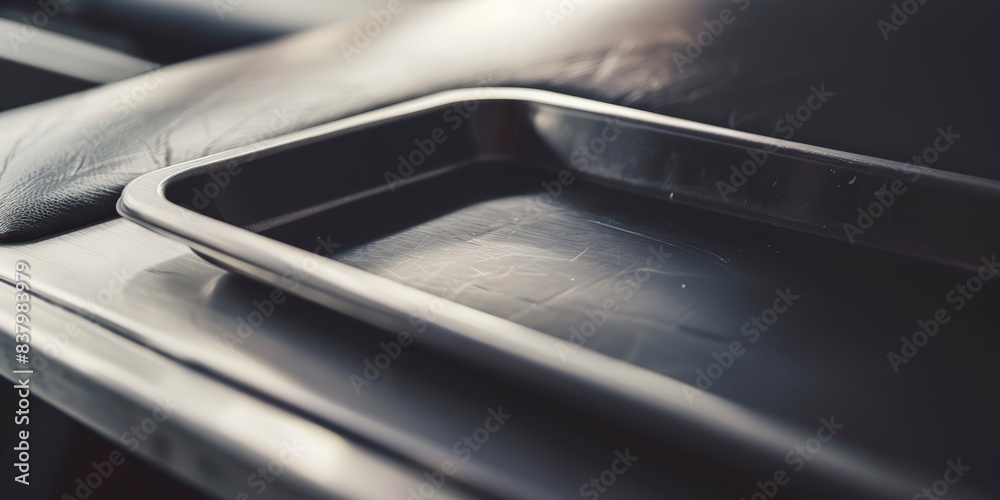 Close-up of a tray for personal items at security, focused, deserted, muted noon tones Close-up of a tray for personal items at security, focused, deserted, muted noon tones