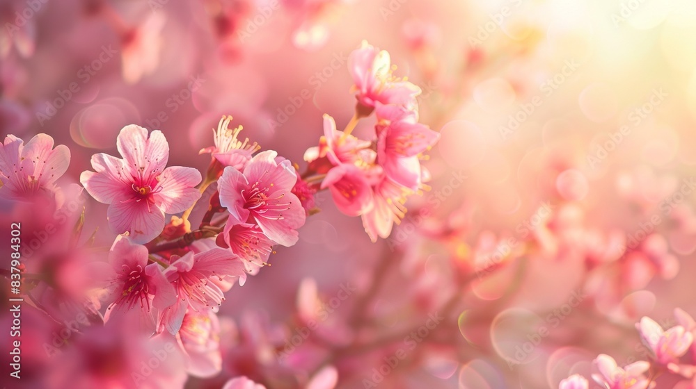 Horizontal banner featuring pink sakura blossoms sunlight creating a warm and vibrant glow