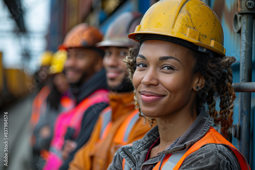 Trade logistics and workforce diversity with Depict diverse workers managing trade logistics, with shipping containers, transportation tools, and collaborative efforts highlighted in a modern, photo