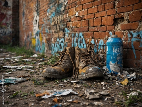 Pair of boots, brown, worn, sit abandoned on ground strewn with litter. Backdrop brick wall, covered in graffiti, adding to sense of neglect. Boots unlaced. photo