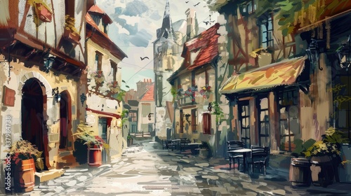 Oil painting style illustration of a street in an european vintage town