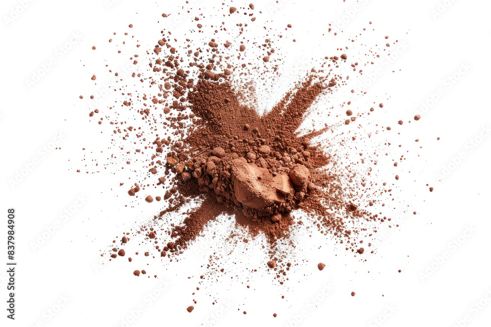 Scattered soil particles forming a starburst pattern in mid-air, set against a white backdrop Scattered soil particles forming a starburst pattern in mid-air, set against a white backdrop
