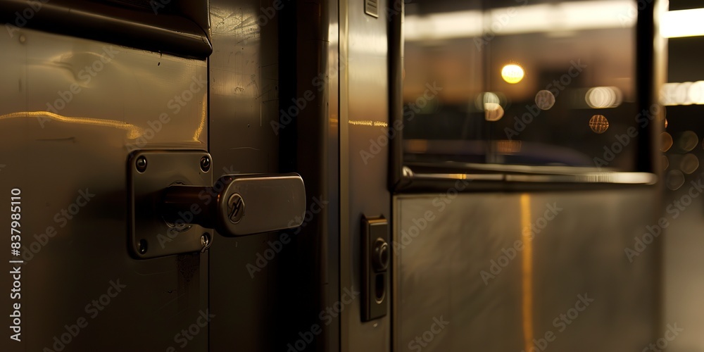 Baggage claim office door, close-up, focused, no humans, dim dawn light Baggage claim office door, close-up, focused, no humans, dim dawn light