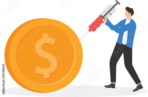 Economic stimulus, monetary policy in economic in financial crisis or economic recession, Businessman carrying syringe of money medicine to inject broke dollar coin
