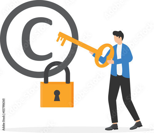 Businessman owner holds intellectual property sign with padlock. Patented protection, copyright reserved or product trademark that cannot copy. Protect business ideas and licenses. Vector illustration