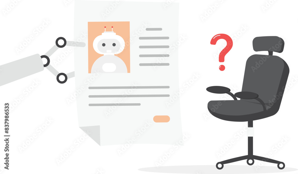 Recruitment, hiring, new vacancy. Job application questions. Robot hand holds cv or resume. artificial intelligence or bot replaces people at work. Office chair in spotlight. flat vector illustration
Recruitment, hiring, new vacancy. Job application questions. Robot hand holds cv or resume. artificial intelligence or bot replaces people at work. Office chair in spotlight. flat vector illustration