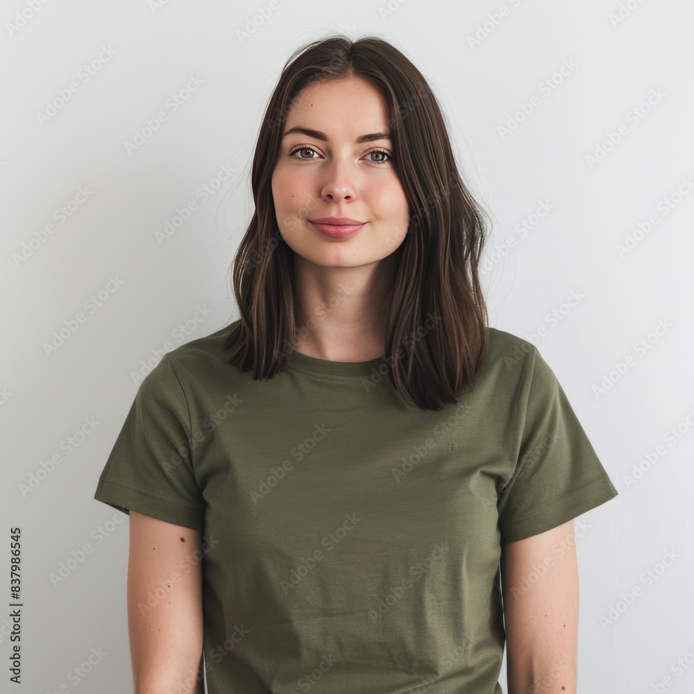 Olive t-shirt with a round neckline, solid color, white background Olive t-shirt with a round neckline, solid color, white background
