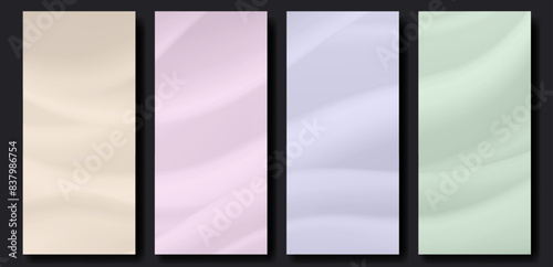 Vertical background with abstract blurred waves of beige, pink, blue and green gradient color. Smooth monochrome texture. Vector mock up for stories or roll up banner design, empty backdrop template.