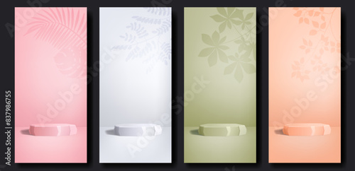 Empty stone 3D podium in vertical studio background with leaves shadow on wall. Pink, white, olive and peach color. Monochrome vector template for product presentation, roll up banner, stories design.