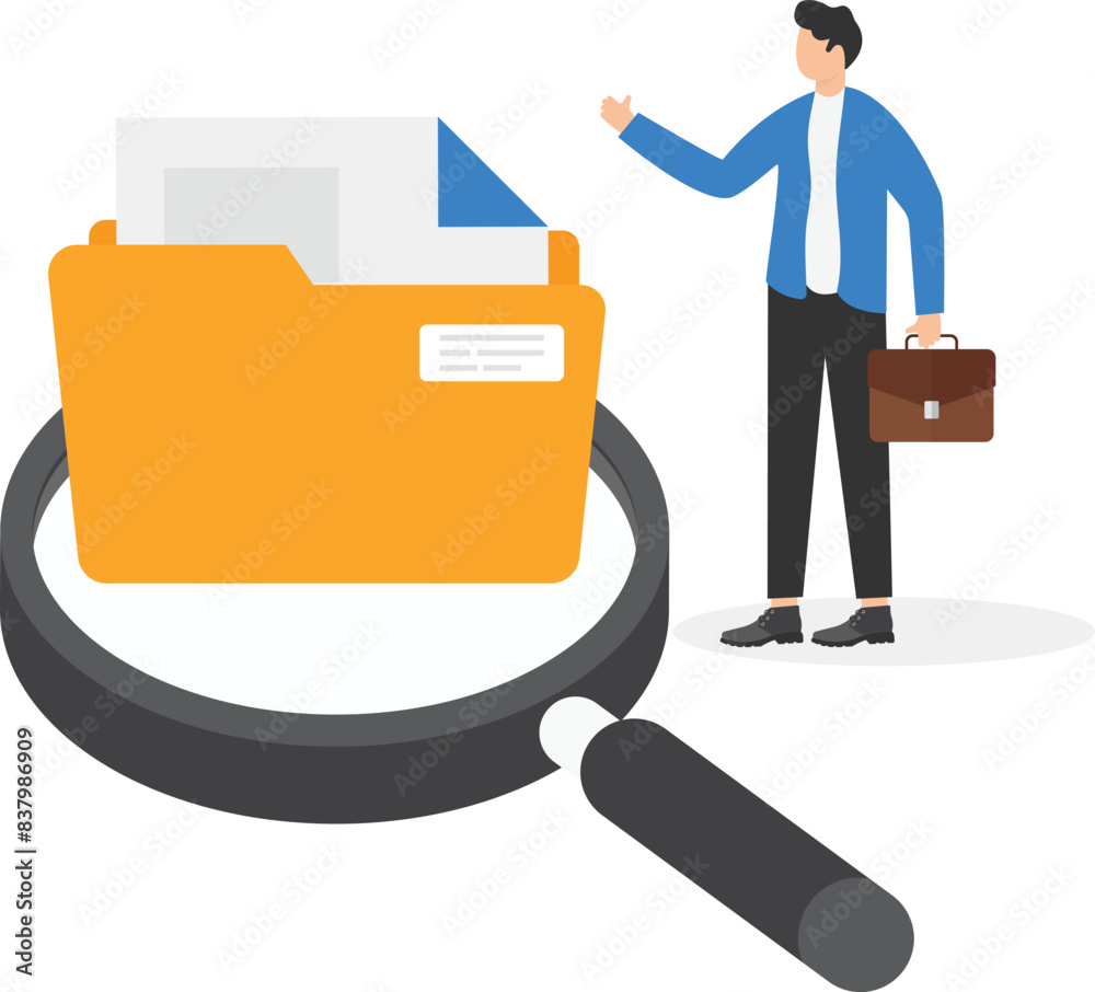 Man clerk search files data with magnifying glass in folder. Easy tidying up and organizing file and document in database. Find errors and problems in file and paperwork. Flat Vector illustration
Man clerk search files data with magnifying glass in folder. Easy tidying up and organizing file and document in database. Find errors and problems in file and paperwork. Flat Vector illustration