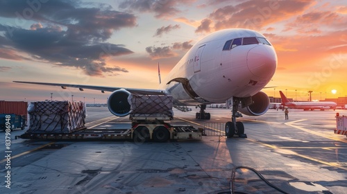 Modern freighter jet at the airport cargo containers being prepared for loading