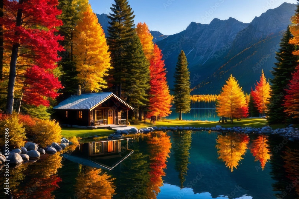 Fototapeta premium Retreat to a serene lakeside cabin among the autumn trees. A picturesque autumn landscape.