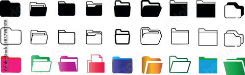 PrintFolder icon set. Various folder designs including solid, outline, and colorful styles. Perfect for organizing digital files, UI design, office themes, and graphic projects