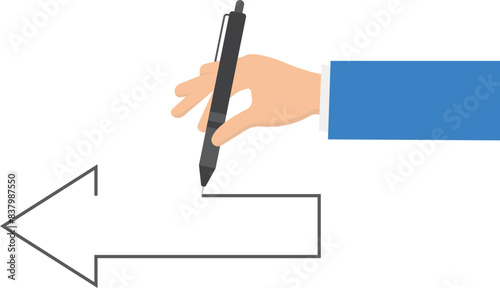 Hand of mentor or teacher uses pen and draws huge arrow. Business coach draws direction of development for group of businessmen. Business people are heading in right profitable path. flat vector

