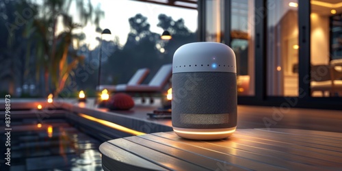 Outdoor speaker, modern design, plastic material, LED light design, simple atmosphere, blurred background