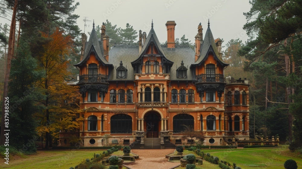 Gothic frame mansion in pine forest Gothic frame mansion in pine forest