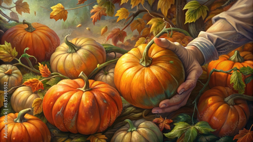 Pumpkin picking in autumn field, vibrant seasonal scene Pumpkin picking in autumn field, vibrant seasonal scene