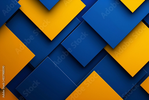 banner with overlapping squares in deep blue and yellow.