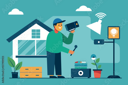 The illustration shows a residential neighborhood with smart homes. A man is installing and configuring cameras. the theme is home automation and smart living.