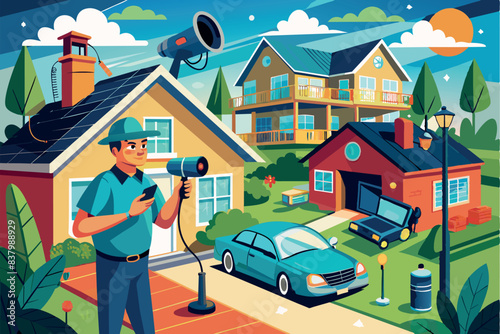 The illustration shows a residential neighborhood with smart homes. A man is installing and configuring cameras. the theme is home automation and smart living.