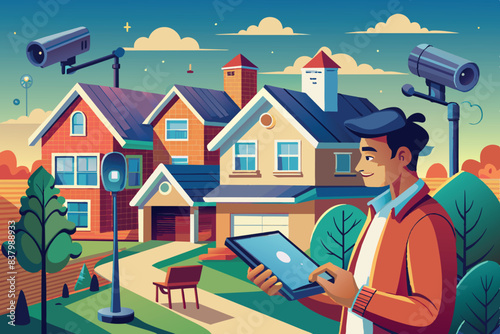 The illustration shows a residential neighborhood with smart homes. A man is installing and configuring cameras. the theme is home automation and smart living.