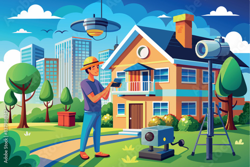 The illustration shows a residential neighborhood with smart homes. A man is installing and configuring cameras. the theme is home automation and smart living.