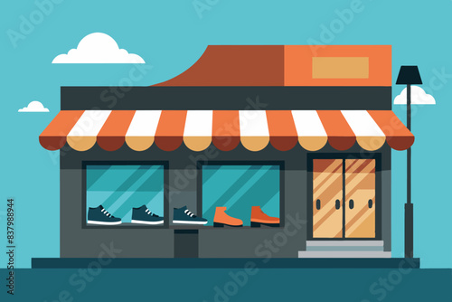 a shoe store with a blue facade and brown door. Above the store is a red and white striped awning. Men's merchandise is displayed in the window