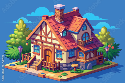 A two-story house with a prominent chimney and a window in the attic. There are green bushes growing on either side. The background is simple