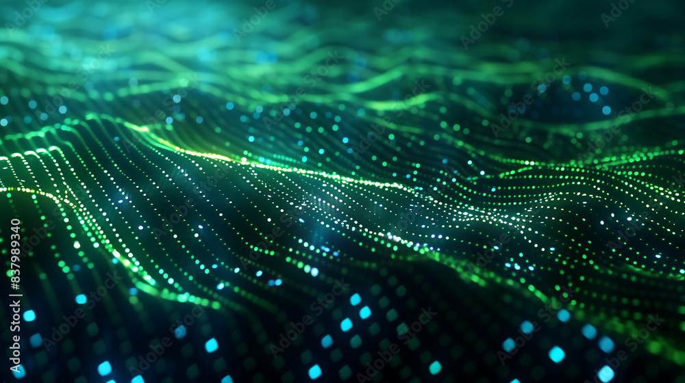 abstract digital background with green and blue glowing dots on a dark wave pattern futuristic technology concept abstract digital background with green and blue glowing dots on a dark wave pattern futuristic technology concept