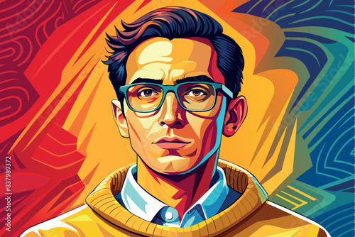 Wallpaper Mural a man wearing glasses. The background consists of bright swirling patterns in shades of blue, orange, red and yellow. The man is wearing a yellow hooded sweatshirt with the hood down and a shirt Torontodigital.ca