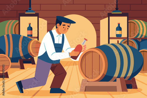 A wine cellar where the winemaker holds a glass of red wine and checks its quality. There are wooden barrels standing around him.  Bottles can be seen on the floor next to the barrels.