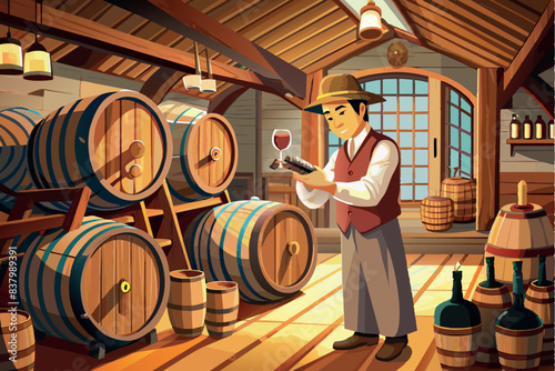 A wine cellar where the winemaker holds a glass of red wine and checks its quality. There are wooden barrels standing around him.  Bottles can be seen on the floor next to the barrels.