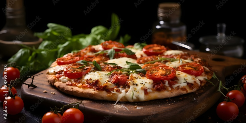 Hot Italian pizza with gooey cheese on a crispy crust. Concept Italian Cuisine, Pizza Lover, Cheese Lovers, Food Photography, Gourmet Dining Hot Italian pizza with gooey cheese on a crispy crust. Concept Italian Cuisine, Pizza Lover, Cheese Lovers, Food Photography, Gourmet Dining