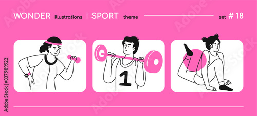Sports and training - line design style illustration with copy space for text. A composition with girl holding dumbbells, strength training for men and barbell, aerobics class with inflatable ball