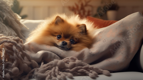 A fluffy Pomeranian nestled